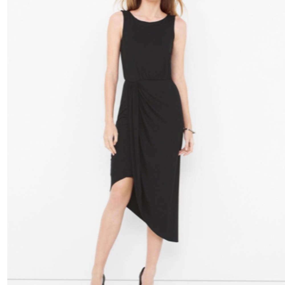 White House Black Market Asymmetrical Black Drape Knit Midi Dress XXS